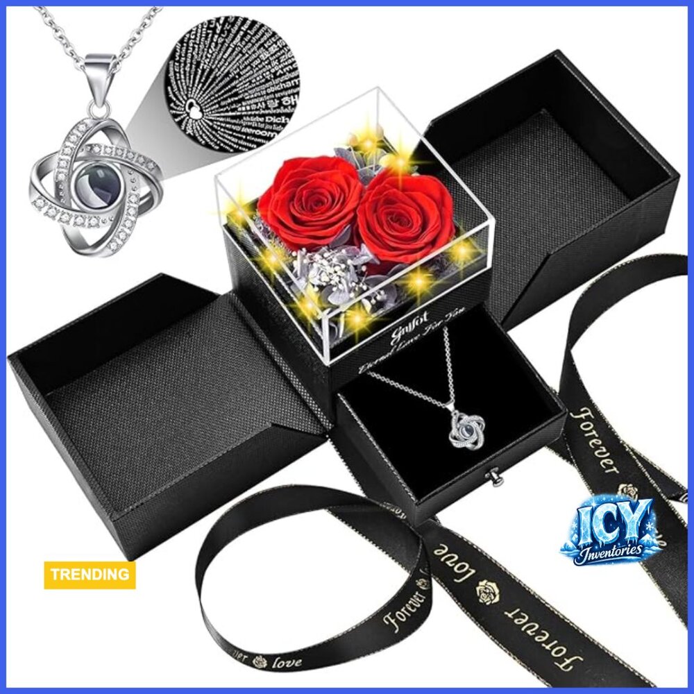 Rhodium-Plated 925 Sterling Silver Necklace with Preserved Roses